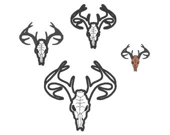 Diseños de bordado a máquina de animales salvajes con apliques y puntadas de relleno de calavera de ciervo, disponibles en varios tamaños para bastidores de 4x4, 5x7 y 6x10 pulgadas.