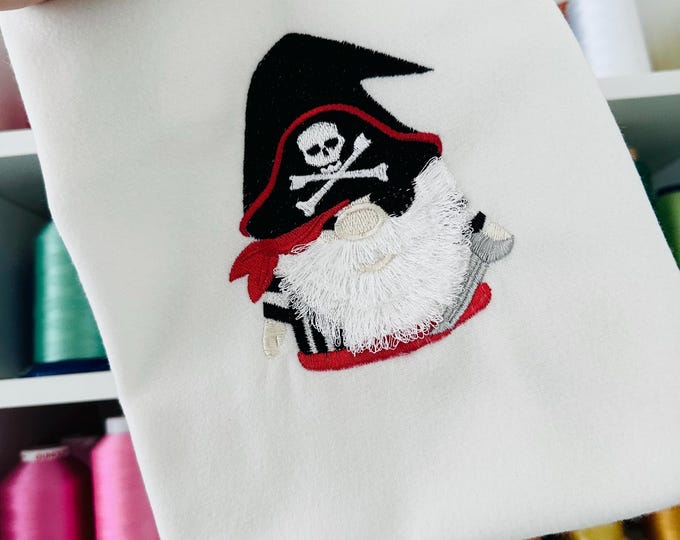 Fringed fluffy beard Pirate Gnome crossed bones hat machine embroidery designs little boys baby fur chenille design sizes 4, 4.5, 5 inches