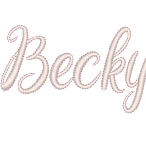 May include: The name "Becky" is written in a white cursive font with a pink dotted outline.