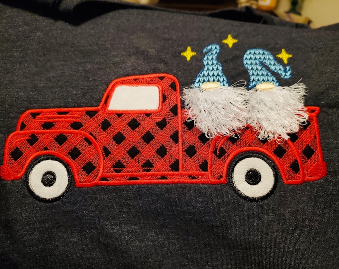 Digitized Plaid Christmas red truck gingham truck with gnomes fur fringed beards machine embroidery design  Fluffy Christmas Gnome