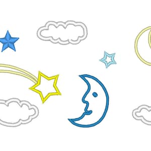 Single Starry Sky elements, moon, cloud, comet, star - machine embroidery applique designs, download 4x4, 5x7 and 6x10