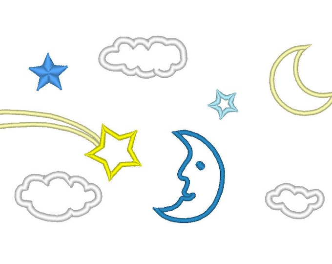 Single Starry Sky elements, moon, cloud, comet, star - machine embroidery applique designs, download 4x4, 5x7 and 6x10