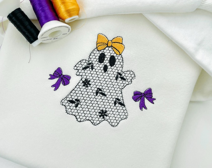 Cute Little Ghost with Bow lace effect dress Halloween machine embroidery designs for hoop 4x4 and 5x7 kids baby girls scary spooky design