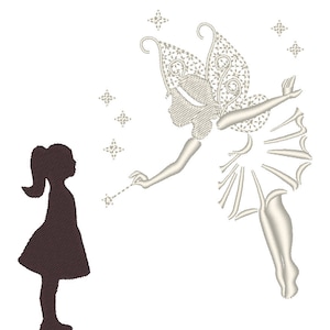 May include: A black silhouette of a girl looking at a silver fairy with wings and a wand. The fairy is flying and has a silver dress and wings. There are small silver stars in the background.