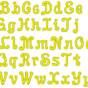 May include: A yellow alphabet with a decorative, cursive font. The letters are uppercase and lowercase.