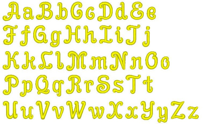 May include: A yellow alphabet with a decorative, cursive font. The letters are uppercase and lowercase.