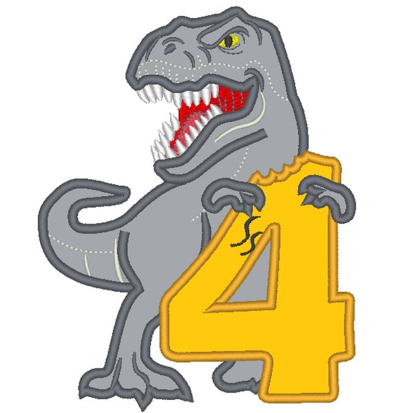 T-rex dinosaur Indominus eating Birthday number four 4 kids boy Birthday outfit machine embroidery designs assorted sizes for hoop 5x7, 6x10