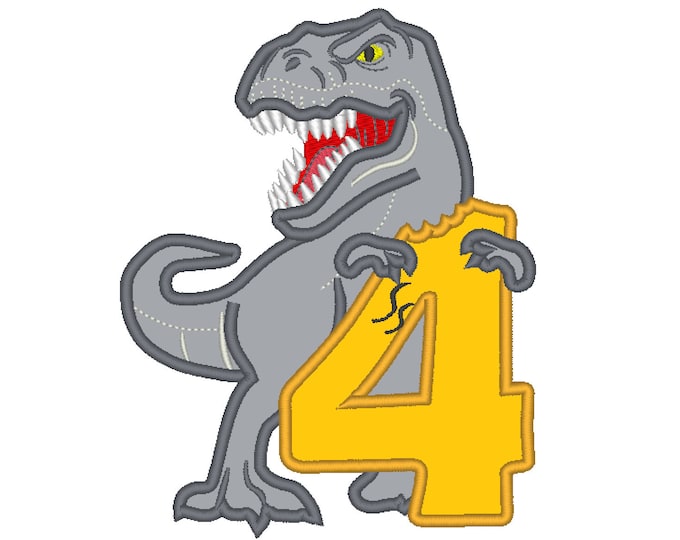 T-rex dinosaur Indominus eating Birthday number four 4 kids boy Birthday outfit machine embroidery designs assorted sizes for hoop 5x7, 6x10