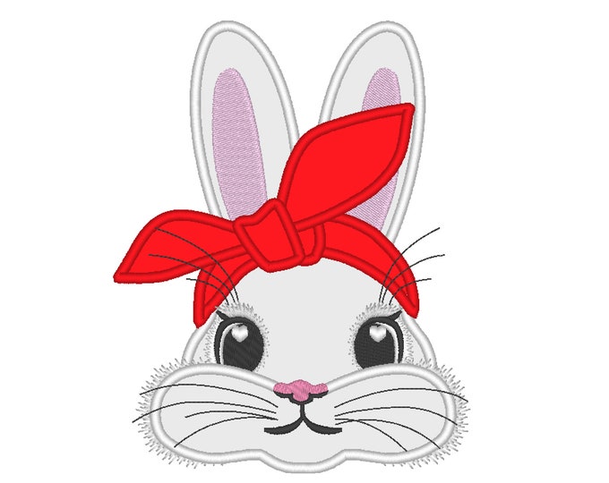 Easter Bunny face with heifer bandanna, bunny ears applique, bunny face machine embroidery designs 4x4 5x7 6x10