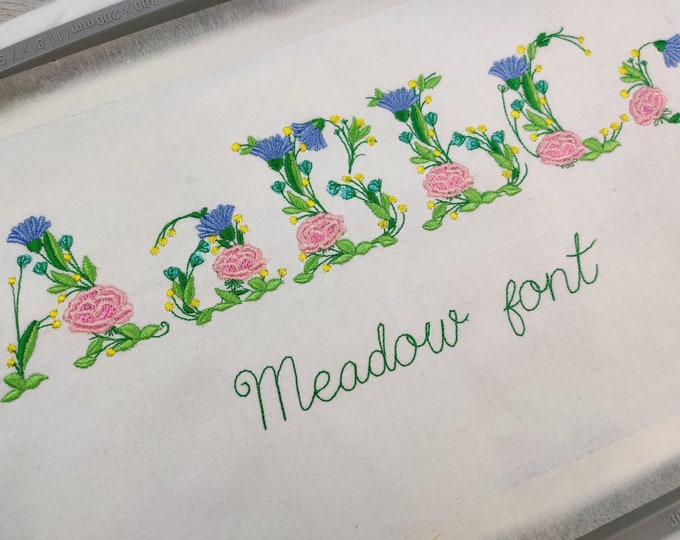 Meadow flowers font with uppercase and lower case letters, monogram floral Font machine embroidery designs, BX included INSSTANT DOWNLOAD