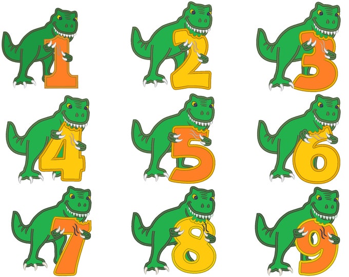 T-rex dinosaur Birthday numbers WHOLE set  1- 9 machine embroidery Birthday outfit designs - for hoops 4x4, 5x7, 6x10  INSTANT DOWNLOAD