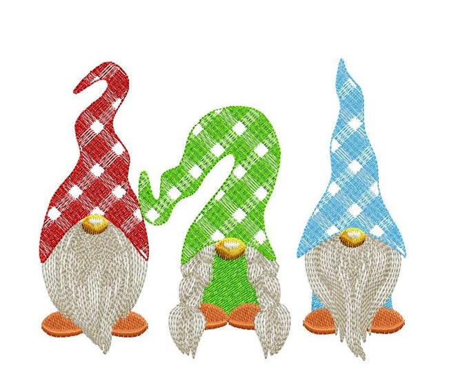 Gingham triple 3 gnomes in a row  Merry Christmas Gingham Gnomes triple row  machine embroidery design 4x4 5x7 8x8 INSTANT DOWNLOAD