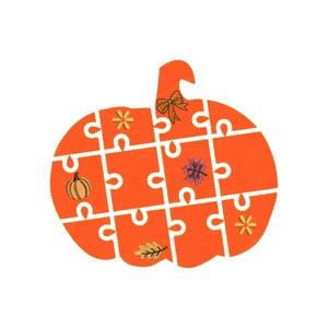 May include: An orange pumpkin-shaped puzzle with white puzzle piece lines. The puzzle pieces are decorated with a small pumpkin, leaves, and floral designs. A brown bow is at the top of the pumpkin.