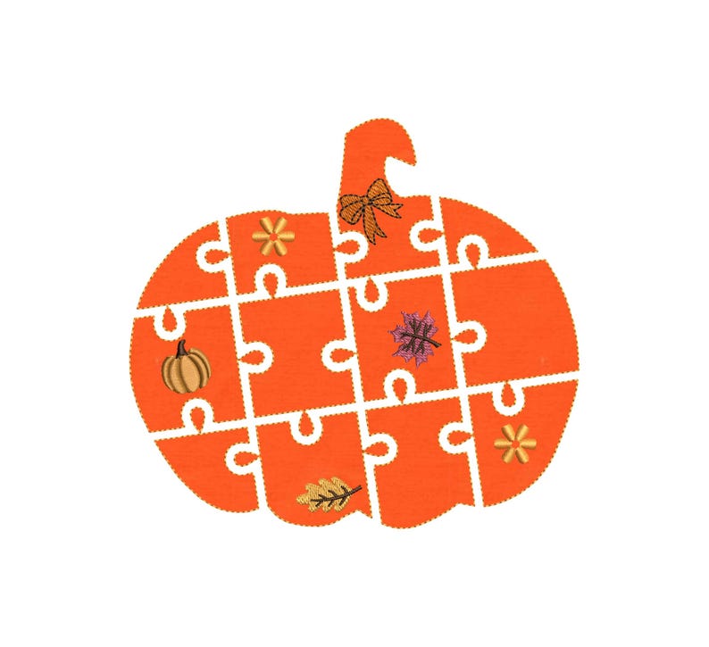 May include: An orange pumpkin-shaped puzzle with white puzzle piece lines. The puzzle pieces are decorated with a small pumpkin, leaves, and floral designs. A brown bow is at the top of the pumpkin.