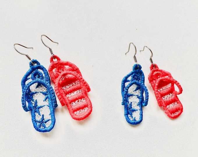 Patriotic Flip Flops earrings charm FSL freestanding lace 3D dimensional American machine embroidery designs beach shoes girls earrings