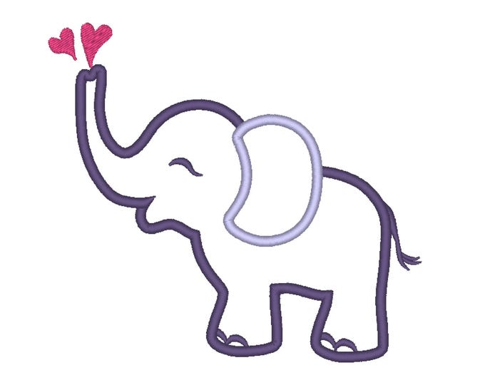Little Elephant with mini hearts Applique animal kids girls baby machine embroidery designs assorted sizes for hoop 4x4, 5x7 and 6x10