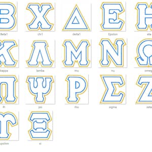 Puede incluir: Un conjunto de 24 letras del alfabeto en blanco con contornos azules y dorados. Las letras est&aacute;n en un estilo de fuente de bloque. Las letras est&aacute;n dispuestas en filas de cuatro. Las letras son: A, B, X, &Delta;, E, H, &Gamma;, I, K, &Lambda;, M, N, &Omega;, O, &Phi;, &Pi;, &Psi;, P, &Sigma;, Z, T, &Theta;, &Tau;, &Xi;.