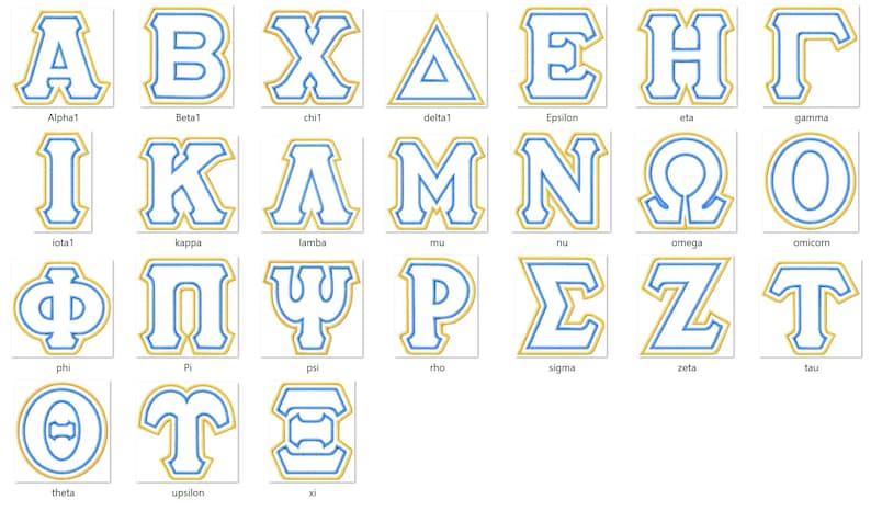 Puede incluir: Un conjunto de 24 letras del alfabeto en blanco con contornos azules y dorados. Las letras est&aacute;n en un estilo de fuente de bloque. Las letras est&aacute;n dispuestas en filas de cuatro. Las letras son: A, B, X, &Delta;, E, H, &Gamma;, I, K, &Lambda;, M, N, &Omega;, O, &Phi;, &Pi;, &Psi;, P, &Sigma;, Z, T, &Theta;, &Tau;, &Xi;.