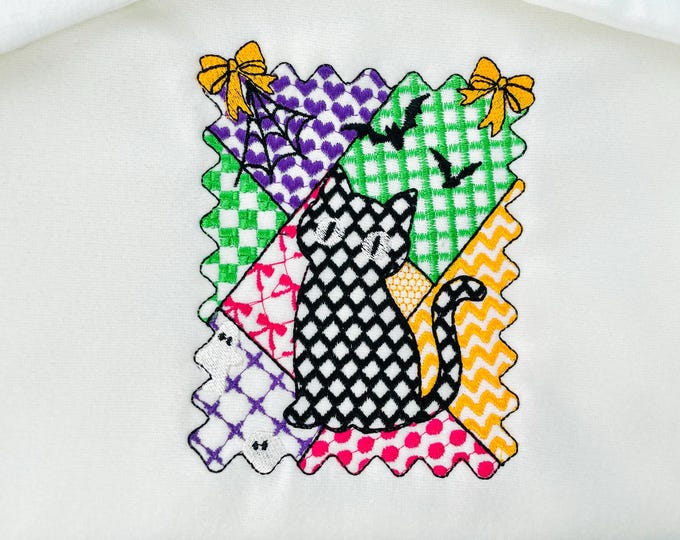 Halloween Kitten Cat Girl patchwork patterned cute Kitty kids baby girls machine embroidery designs sizes 4 up to 7 inch scary spooky design