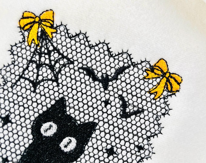 Halloween Kitty Cat Lace effect Black Kitten Spider Web Bats Ghost machine embroidery designs sizes 4 up to 6 inch girls scary spooky design