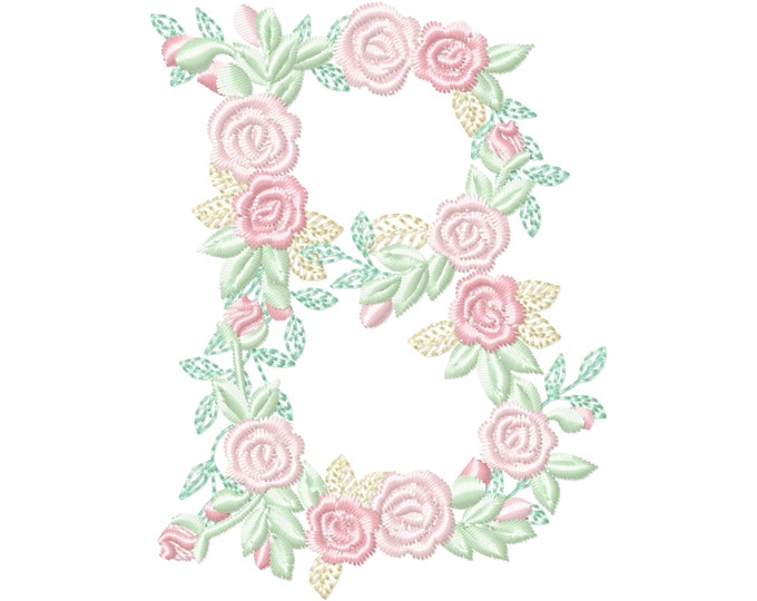 Delicate Roses Floral letter B garden flag monogram flowers flower flowered Font machine embroidery designs 3.5, 4, 5, 6, 7, 8 in