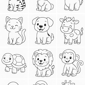 10 Coloring Pages for Kids - Happy Animals - Printable PDF