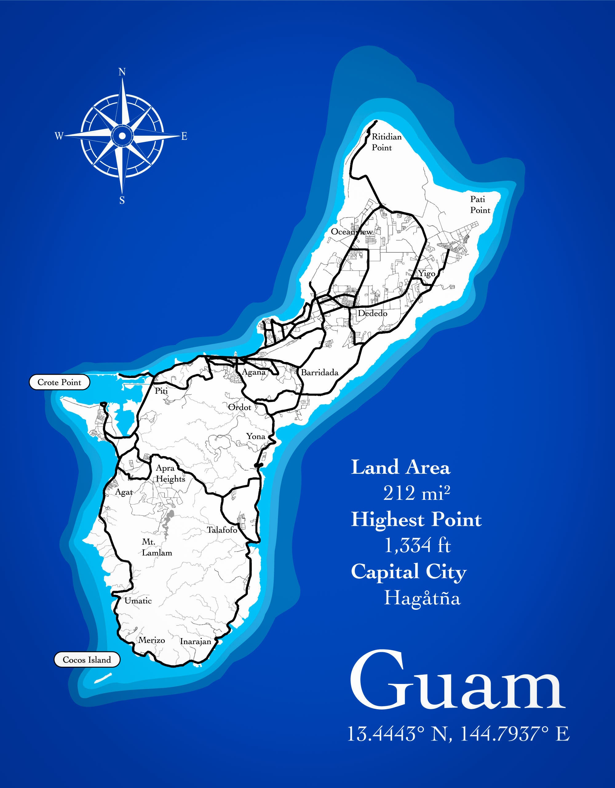 Guam Map - 5 layers - Bathymetry Bathymetric Multi Layer Stacked Laser Cutter Glowforge Mondala Vector SVG File