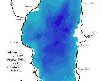 Lake Tahoe Map - 10 layers - Bathymetry Bathymetric Multi Layer Stacked Laser Cutter Glowforge Mondala Vector SVG File