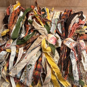 May include: A collection of fabric strips in autumn colors including orange, yellow, olive green, and brown. The strips feature various patterns like plaid, stripes, and floral prints, with small rectangular tags labeled Thanksgiving, Caramel Apple, and Cider.