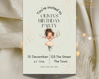 May include: A digital invitation card for Olivia's birthday party. The design features a cartoon illustration of a girl holding a cake. The text includes the date, time, address, and RSVP information. The card has a light beige background with decorative elements.