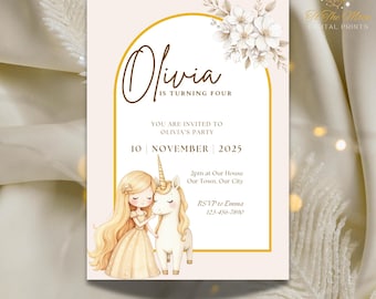 Invitación floral de unicornio • Plantilla de cumpleaños en tonos pastel para niñas (descarga digital)