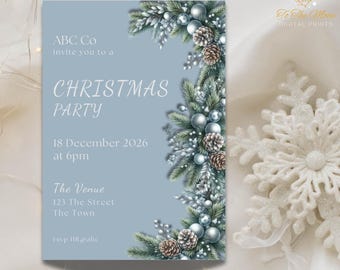Könnte beinhalten: Eine hellblaue Einladungskarte für eine Weihnachtsfeier mit einer vertikalen Anordnung aus Tannenzweigen, Tannenzapfen und silbernen Ornamenten auf der rechten Seite. Der Text lautet ABC Co invite you to a CHRISTMAS PARTY 18 December 2026 at 6pm The Venue 123 The Street The Town rsvp HR@abc.