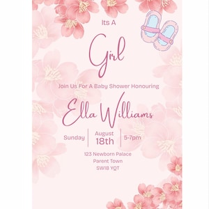 Editable Baby Girl Shower Invitation Template | Pink Floral Baby Shower Invite | Printable Digital Download | Girl Baby Shower | DIY Invite