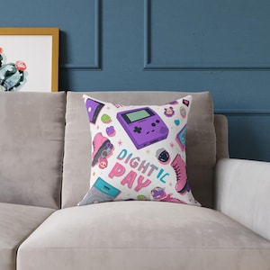 Retro Gaming Decor Pillow, Square Poly Canvas Cushion, Vintage Gamer Gift, 80s Nostalgia Home Decor, Stylish Throw Pillow