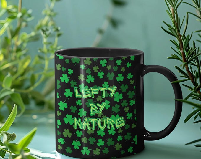 Featured listing image: Left-Handed Lefty By Nature Shamrock Pattern Mug | Black St. Patrick's Coffee Cup