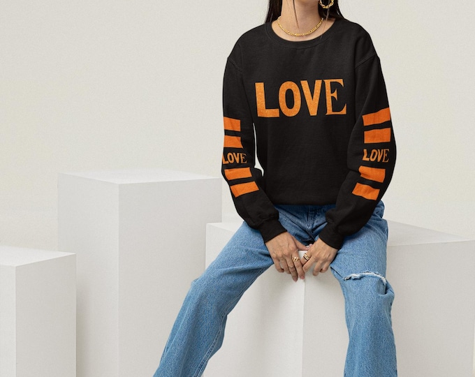 Featured listing image: Love-Themed Crewneck Sweatshirt: Orange Sparkly Design, Cozy Unisex Fit
