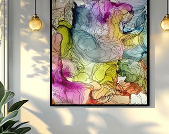 Free Fall Alcohol Ink Print, Colorful Abstract Floral Art, Botanical Wall Art, Pastel Abstract Artwork, Whimsical Nature Decor