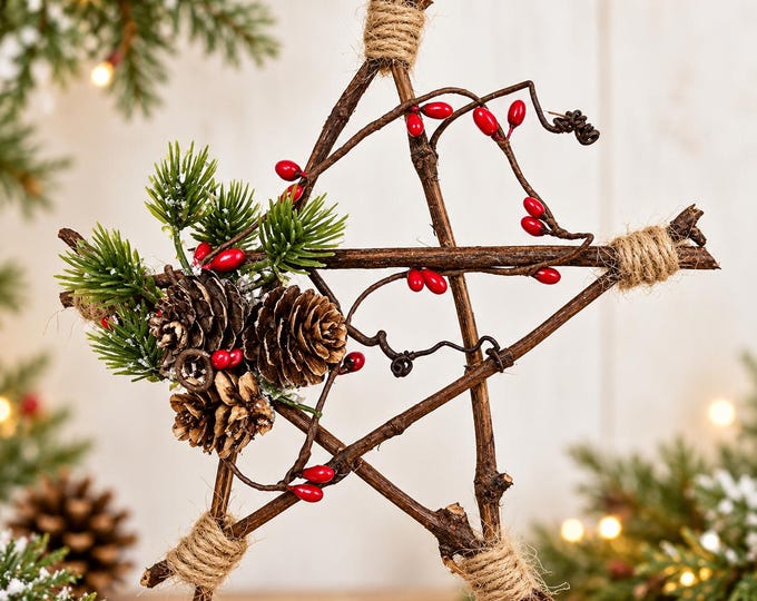 Featured listing image: Handmade Natural Vine Star Ornament – Rustic Pinecone Berry Christmas Decor