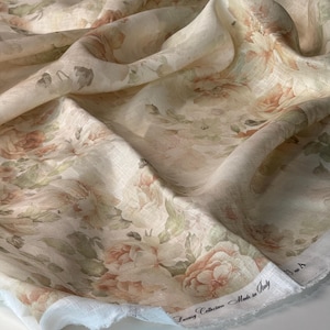 Italian Linen Fabric - Beige Floral Designer Style Print - For Womens Clothing | Dressmaking