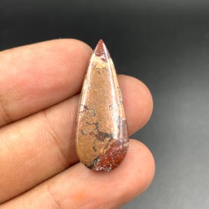 Puede incluir: Una piedra preciosa pulida en forma de lágrima. La piedra presenta una mezcla de colores marrón, beige y rojo con vetas detalladas. El extremo puntiagudo es de un rojo más oscuro, que pasa a tonos más claros.