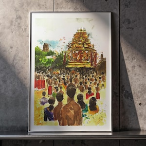 Puede incluir: Pintura a la acuarela de una procesión del templo. La obra de arte representa un gran templo dorado adornado con una multitud de personas. El estilo es suelto y colorido, con un enfoque en las figuras y la arquitectura.