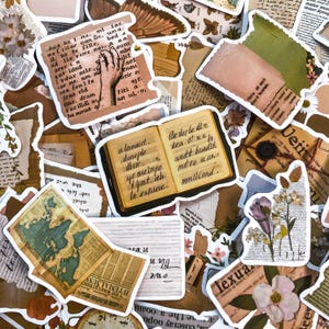 50 Random Antique Paper Stickers, Floral Journal Stickers, Retro Book Stickers, Waterproof Stickers for Journal, Scrapbook, DIY Projects