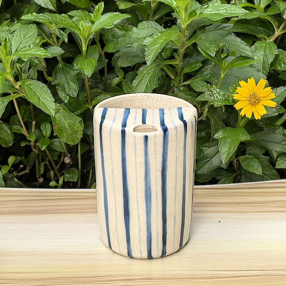 Blue Striped Ceramic Travel Mug with Lid, Handmade Pottery Travel Mug, Ceramic Tumbler, Ceramic To Go Mug, Birthday Gift