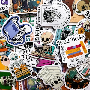 50 Random Bookworm Skull Stickers, Funny Skeleton with Books Stickers, Dark Academia Stickers, Waterproof Stickers for Journal and Scrapbook