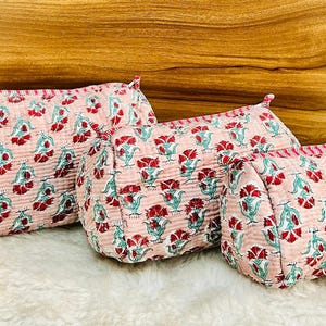 Vintage Indian block Print Set of 3 Toiletry Bag, Colorful Make Up Bag Quilted Fabric Cosmetic Bag Toiletry Travel Pouch, Toiletry Pouch Set