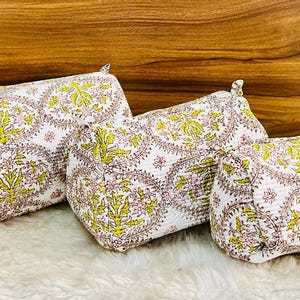 Vintage Indian block Print Set of 3 Toiletry Bag, Colorful Make Up Bag Quilted Fabric Cosmetic Bag Toiletry Travel Pouch, Toiletry Pouch Set