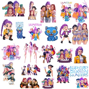 May include: A collection of colorful digital illustrations featuring stylized female characters with purple hair, in various poses and outfits. Some images include text such as "KPOP DEMON HUNTERS" and "HUNTRAX".