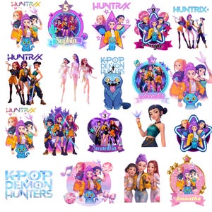 Peut inclure: Plusieurs illustrations numériques colorées avec des personnages féminins stylisés. Les images incluent le texte "HUNTRAX" et "K-POP DEMON HUNTERS", ainsi que divers noms et chiffres. L'œuvre d'art a un style de dessin animé vif.