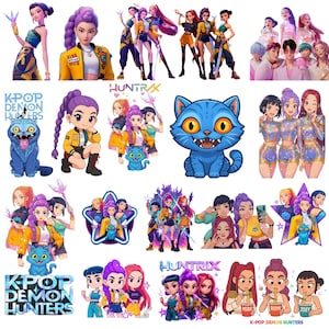 以下が含まれることがあります： K-POPをテーマにしたキャラクターと青い猫が登場する、カラフルなデジタルイラストのコレクション。様々なポーズをとる様式化された人物のグループが含まれており、一部は武器を持っています。「K-POP DEMON HUNTERS」と「HUNTRIX」の文字が含まれています。
