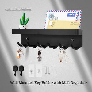 Wall Mounted Key Holder with Mail Organizer – Entryway Shelf with Hooks – Modern Metal Storage Rack – Multi Hook Key Hanger Shelf